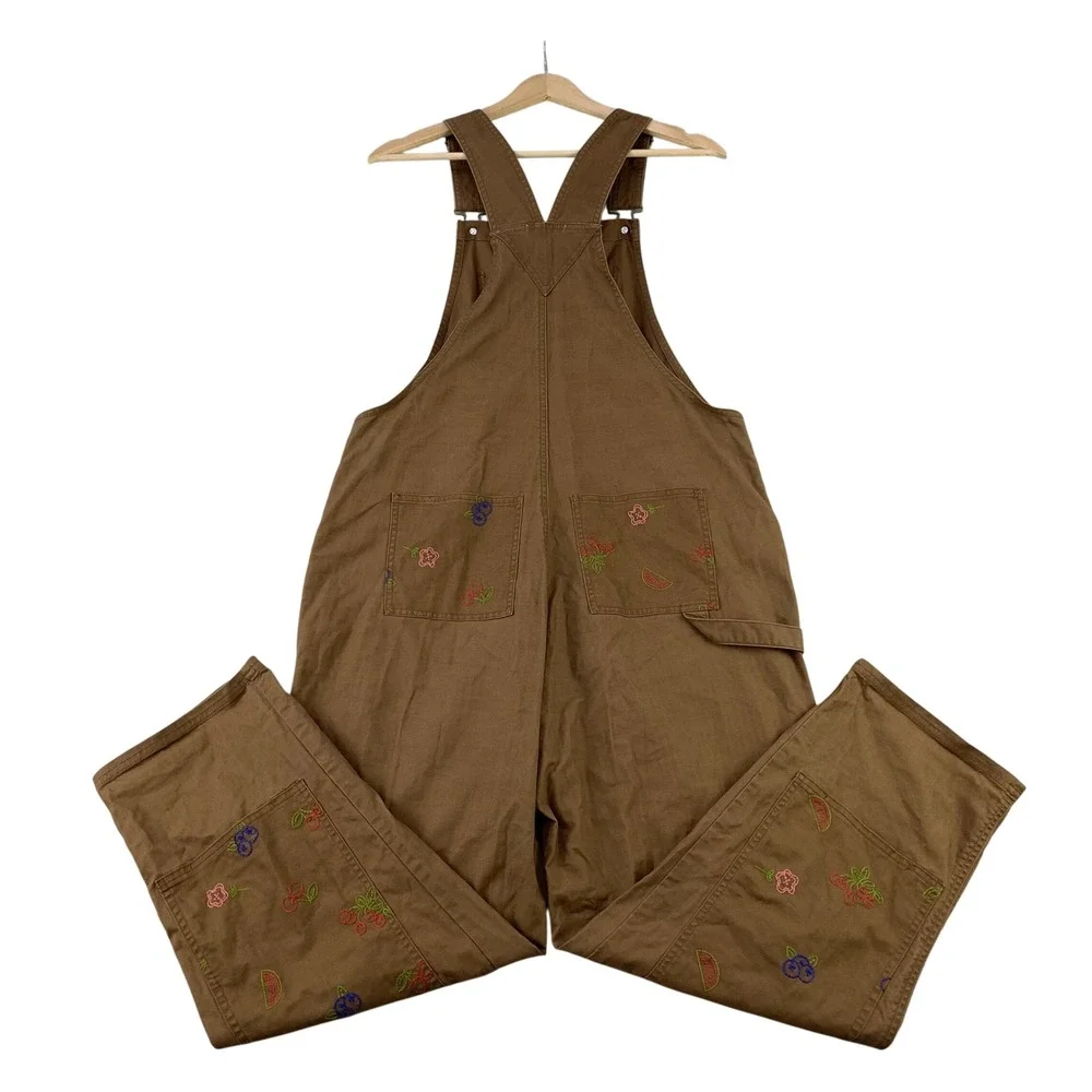 Toad&Co Juniper Utility Overalls Womens M Brown Canvas Fruit Embroidered Bibs